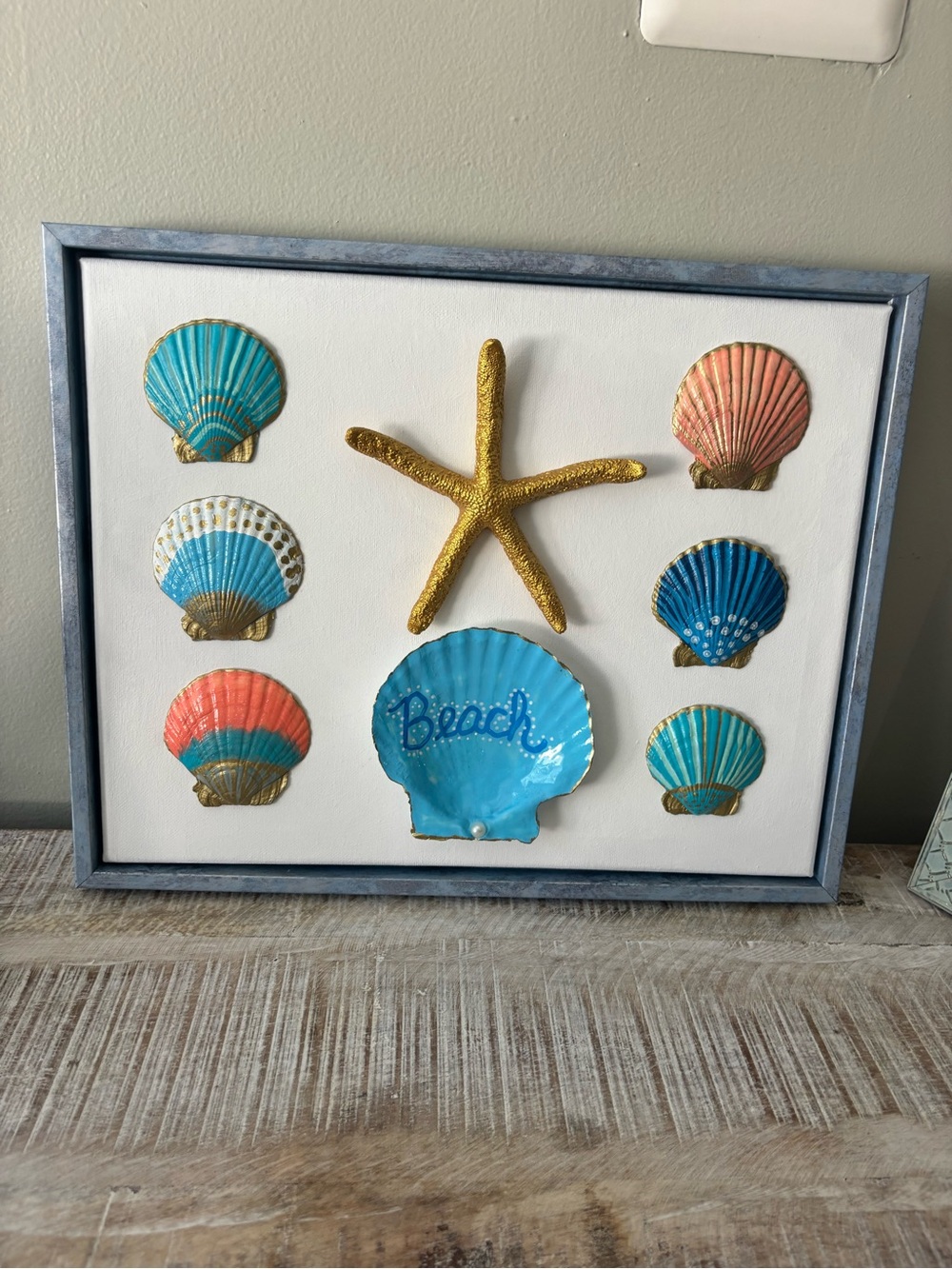 Coastal Shell Wall Art - Blue, Teal, Coral with Gold Starfish approx 12x15